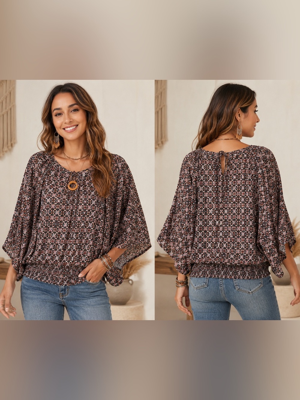 NY Collection Brown Multi-Print Boho Relaxed Dolman Sleeve Wooden Ring Top